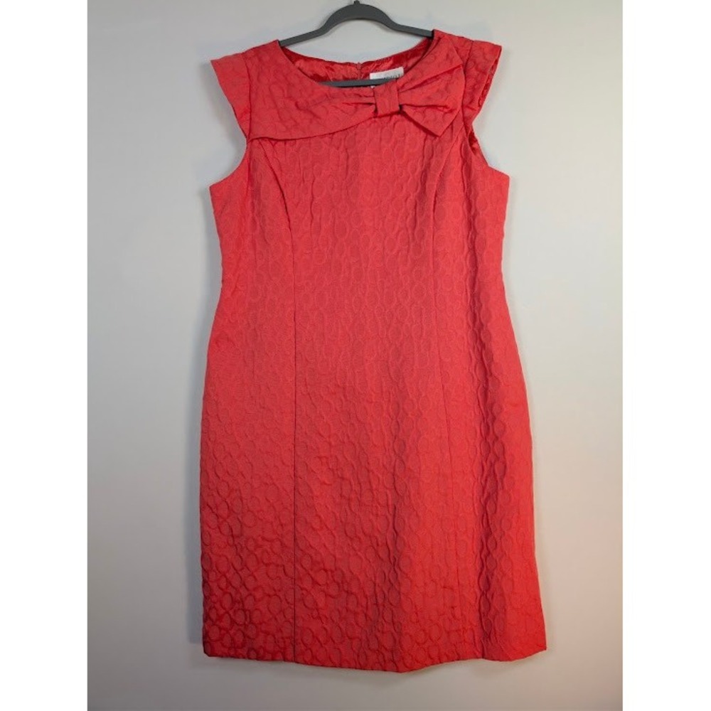 Studio I Bow Neck Jacquard Sheath Dress Womens 16 Coral Orange Fully Lined EUC